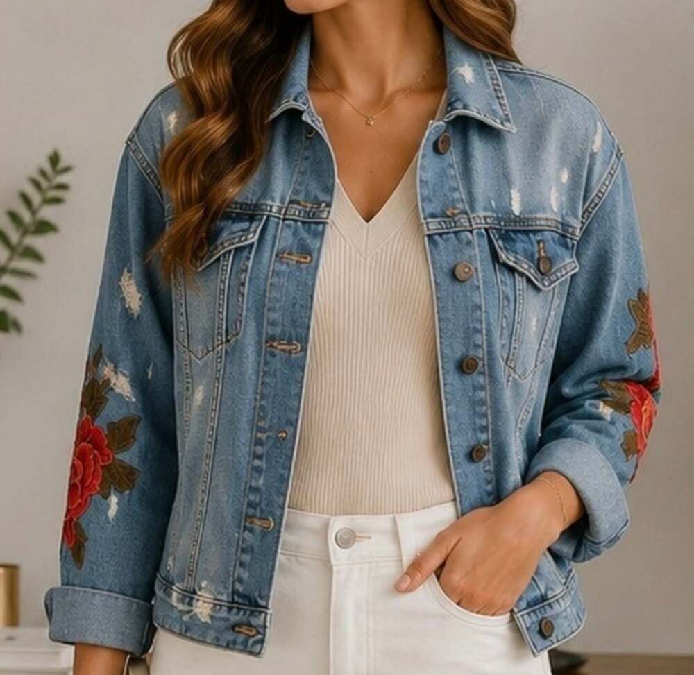 Express Jeans Floral Embroidered Distressed Denim Jacket